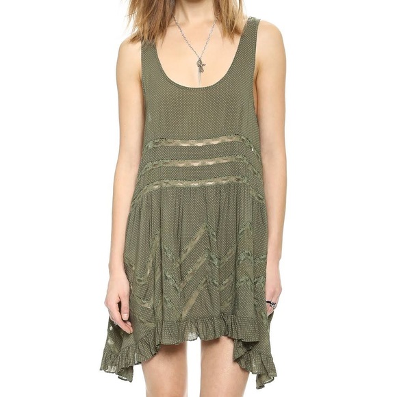 Free People Women's Green Voile & Lace Trapeze Slip True Olive Combo Sz Small